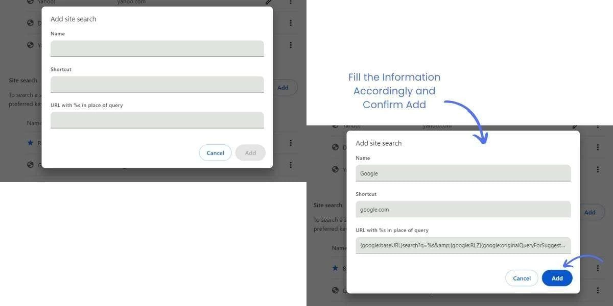 Add New Site search with following codding and information