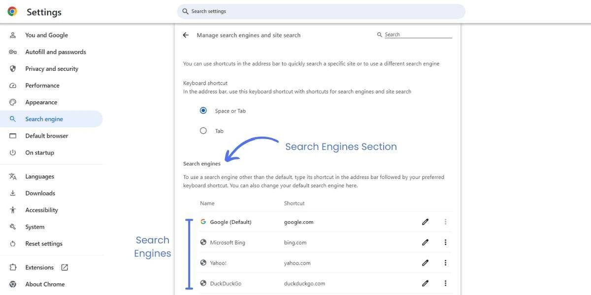 Go to search Engine Section in settings