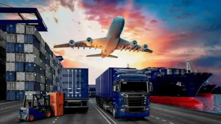 A dynamic logistics scene showing various modes of transportation, including a large cargo airplane flying in the sky, a cargo ship docked at a port, a blue freight truck on the road, a forklift moving a container, and stacks of shipping containers, all set against a colorful sunset backdrop.