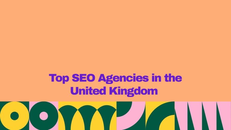 Featured graphic with a peach background and bold purple text reading “Top SEO Agencies in the United Kingdom.” A colorful geometric pattern in yellow, dark green, pink, and teal appears along the bottom edge.
