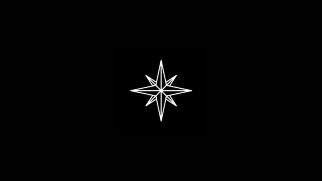 White geometric compass rose icon with eight points, centered on a black background. The design features sharp, symmetrical lines forming a star-like navigation symbol, often used in branding and directional themes.