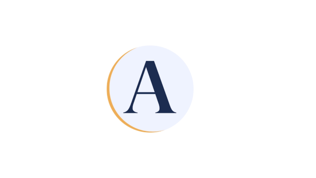 Elegant logo featuring a capital letter “A” in dark navy serif font, centered inside a light circular background with a golden-orange crescent on the left edge. Represents a modern and minimal brand identity, possibly for a company or platform starting with the letter A.