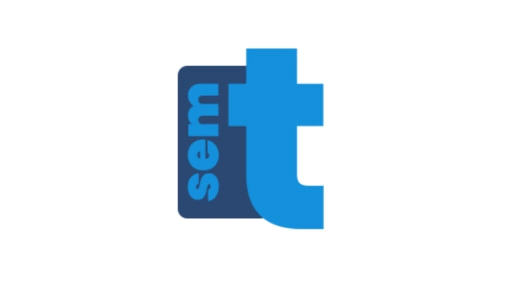 "Logo of SEMT featuring a bold blue lowercase 't' overlapping a dark blue rectangle with the vertical text 'sem' in light blue, representing a digital marketing or SEO services brand."