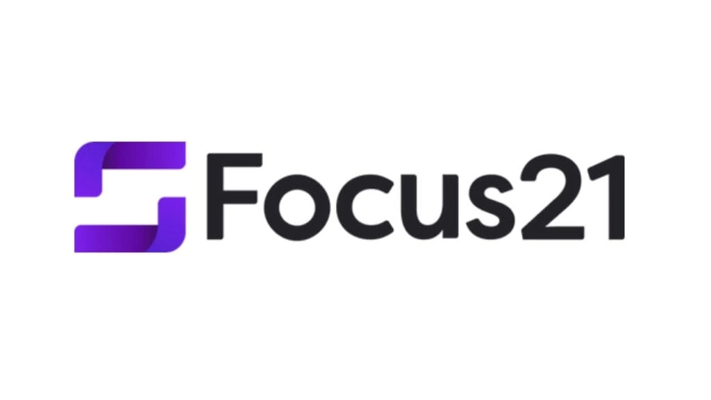 "Focus21 logo featuring a modern purple geometric icon resembling a stylized 'F' next to the black text 'Focus21', representing a technology and software development company."