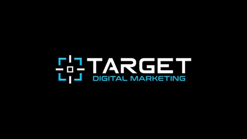 "Target Digital Marketing logo featuring a modern white and blue target icon next to bold white text 'TARGET' and blue text 'DIGITAL MARKETING' on a black background, representing a precision-focused digital marketing agency."