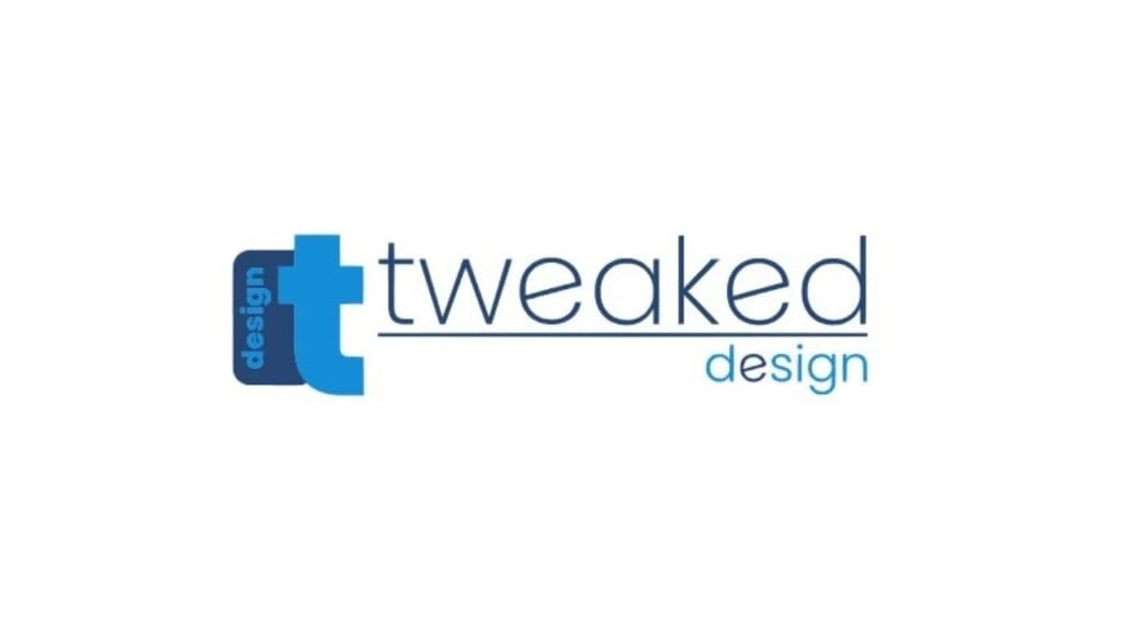 "Tweaked Design logo featuring a bold lowercase blue 't' with the word 'design' vertically inside it, followed by the word 'tweaked' in thin, modern typography and 'design' written underneath a horizontal line, all set on a clean white background."