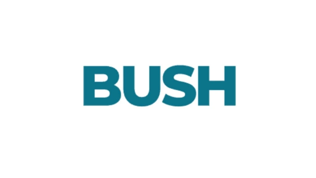 "Logo displaying the word 'BUSH' in bold, teal-colored uppercase letters on a clean white background, representing a modern and minimalistic brand design."