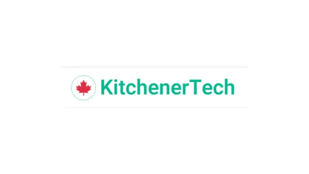 "KitchenerTech logo featuring a red maple leaf inside a dotted circle next to the green text 'KitchenerTech' on a white background, representing a Canadian technology company."