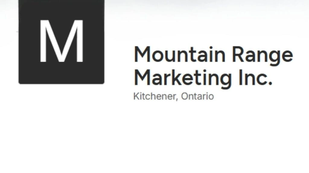 "Mountain Range Marketing Inc. logo featuring a bold white letter 'M' on a black square background, with company name and location 'Kitchener, Ontario' displayed beside it, representing a marketing agency based in Kitchener."