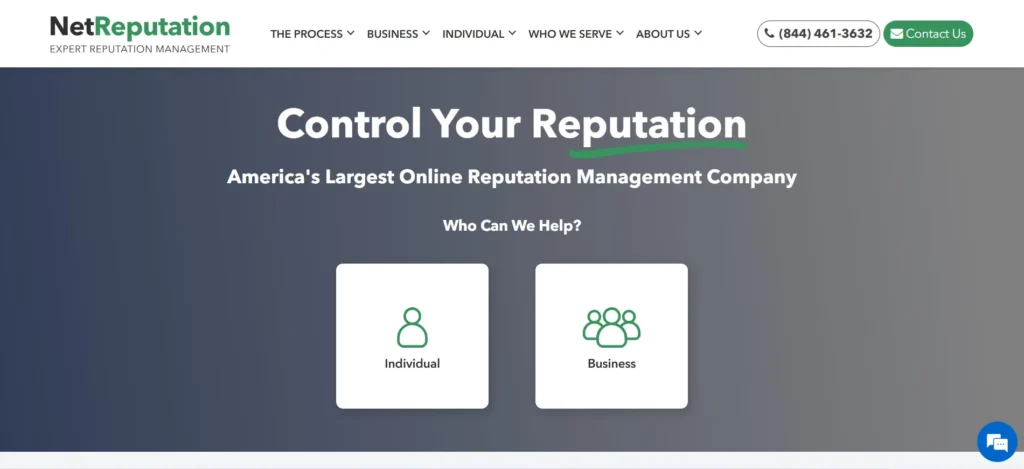 "Homepage of NetReputation showcasing their tagline 'Control Your Reputation' with options for individual and business reputation management services."