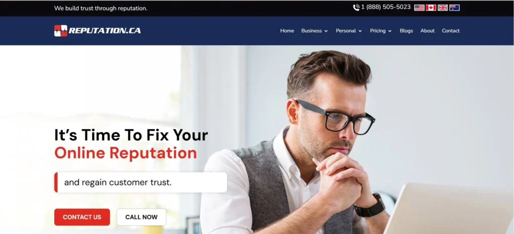 "Homepage of Reputation.ca featuring a business professional looking at a laptop with the message 'It’s Time to Fix Your Online Reputation' and call-to-action buttons."