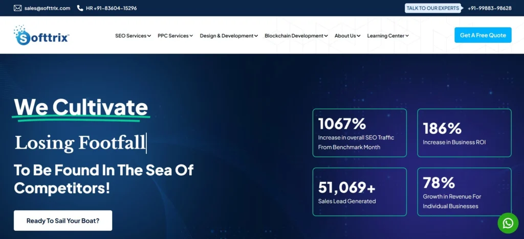 "Softtrix homepage highlighting digital marketing results with tagline 'We Cultivate Losing Footfall' and key performance stats including 1067% SEO traffic increase and 186% ROI growth."