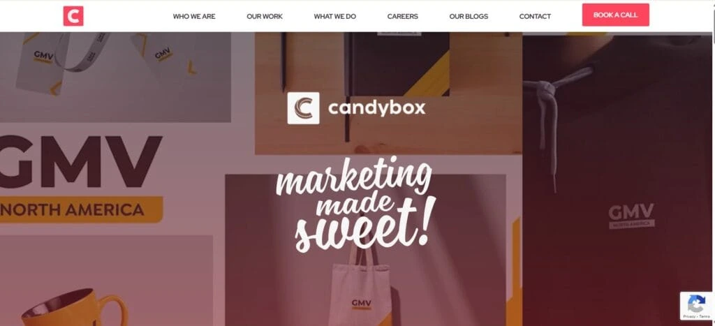 "Homepage of Candybox Marketing featuring the slogan 'Marketing Made Sweet!' with branded visuals, product displays, and a prominent navigation menu at the top."