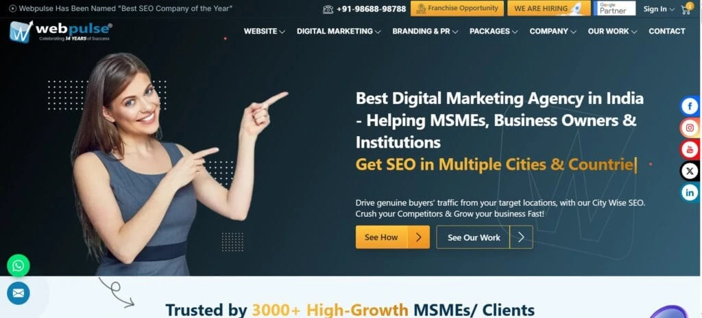 "Webpulse homepage highlighting digital marketing and SEO services for MSMEs, featuring a smiling woman pointing toward key offerings like 'SEO in Multiple Cities & Countries' and client success stats."