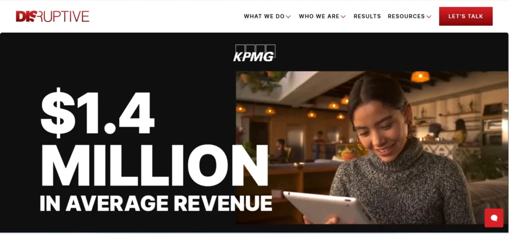 "Disruptive Advertising homepage showcasing $1.4 million in average revenue statistic alongside a woman using a tablet in a cozy café, highlighting client success and digital strategy."