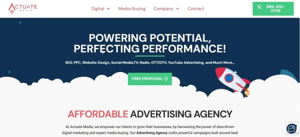 Homepage of Actuate Media showcasing its digital marketing and media buying services, highlighting SEO, PPC, website design, and a “Free Proposal” call-to-action.