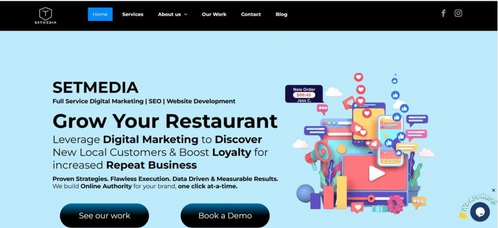 Homepage of SETMedia with a light blue background and floating social media icons promoting digital growth for restaurants through SEO and marketing strategies.