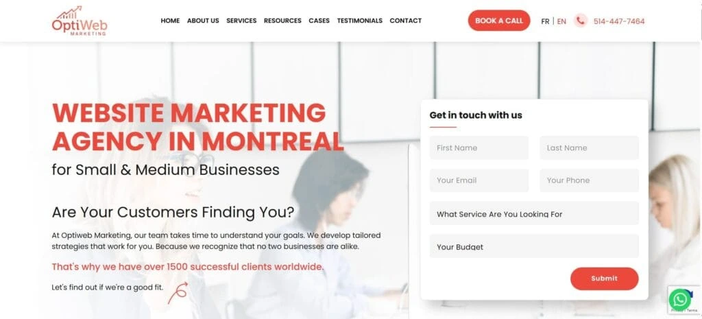 OptiWeb Marketing homepage promoting website marketing services in Montreal for small and medium businesses, emphasizing personalized strategy and client success.
