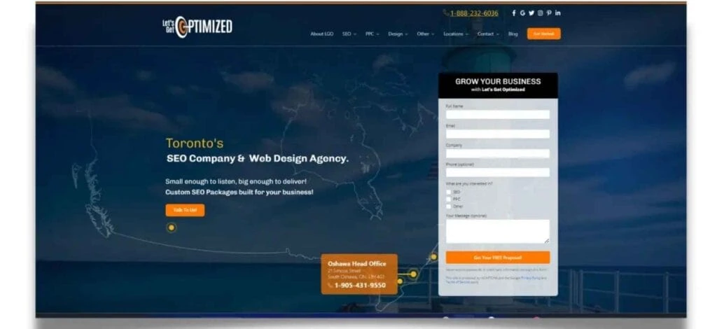 Let’s Get Optimized homepage displaying their Toronto SEO and web design services with a strong call-to-action to build custom digital marketing strategies.