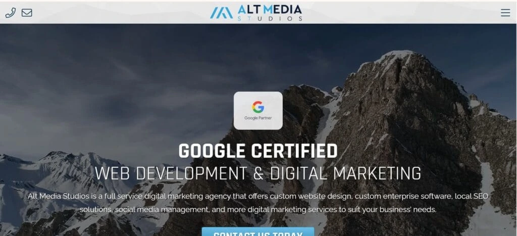 Alt Media Studios homepage highlighting its status as a Google Certified partner, offering services in custom web development, SEO, and digital marketing solutions.