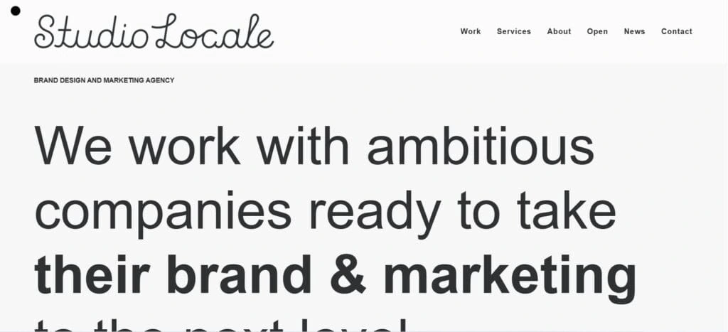 “Studio Locale homepage with bold headline stating ‘We work with ambitious companies ready to take their brand & marketing to the next level.’”