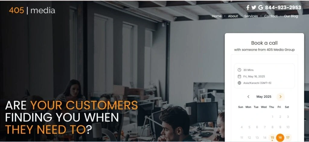 Landing page of 405 Media Group with the tagline “Are Your Customers Finding You When They Need To?” and a calendar scheduling interface for consultation.