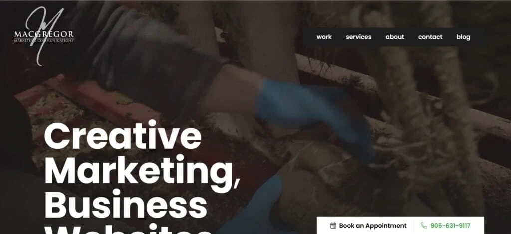 “MacGregor Marketing Communications homepage featuring background video and bold white text highlighting creative marketing and business website services.”
