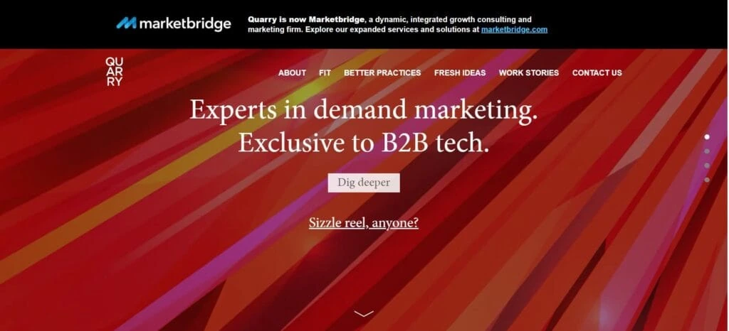 Homepage of Quarry (Marketbridge) featuring a vivid red abstract design with the tagline “Experts in demand marketing” – highlighting their B2B tech specialization.