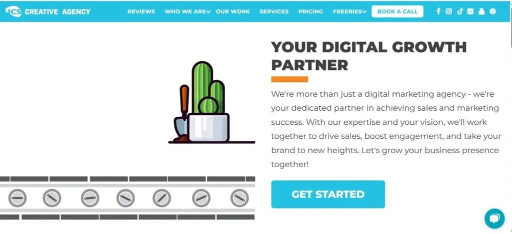 ICS Creative Agency homepage showing illustrated cactus and growth elements alongside the slogan “Your Digital Growth Partner” – portraying creativity and business growth support.