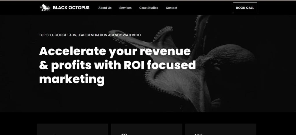 Black Octopus Agency’s website showcasing a dark theme with a bold octopus background and the promise to “Accelerate revenue with ROI focused marketing.”