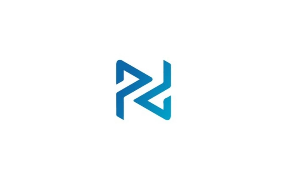 "Abstract blue geometric logo with mirrored arrow-like shapes forming the letters 'P' and 'Z', symbolizing forward movement, innovation, and digital connectivity."
