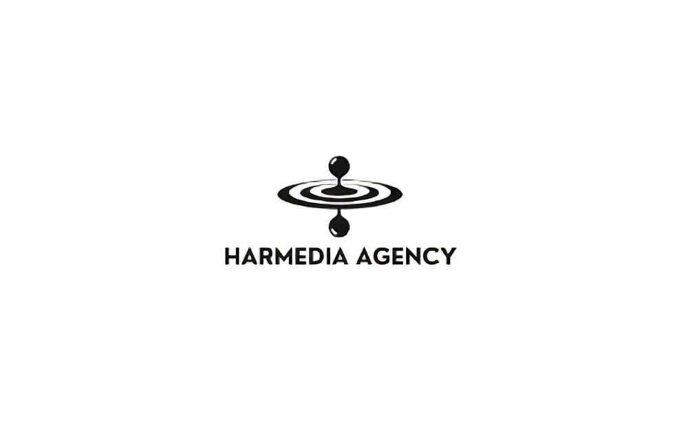 "HarMedia Agency logo featuring a black ripple effect with a droplet above and below the concentric circles, symbolizing impact and digital outreach, with the agency name in bold uppercase letters below the design."