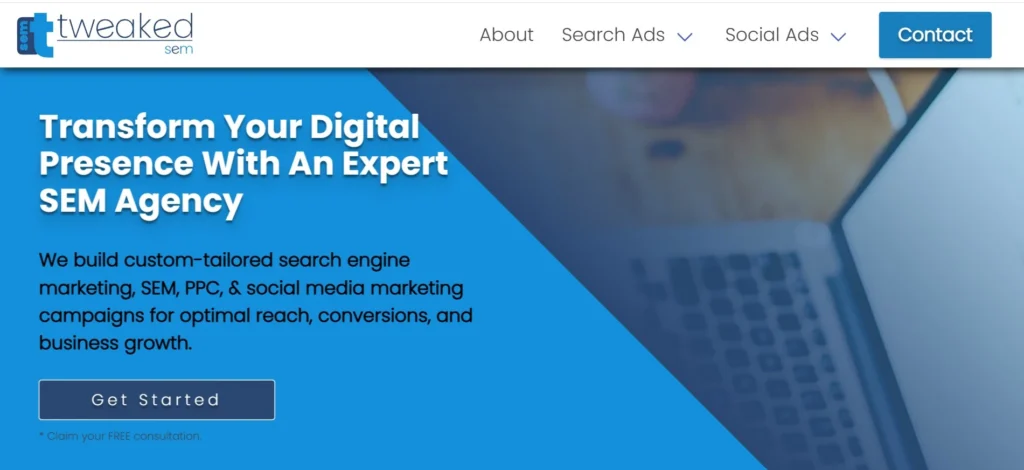 "Homepage of Tweaked SEM displaying expert SEM and PPC marketing services with a call-to-action button for free consultation and digital growth support."