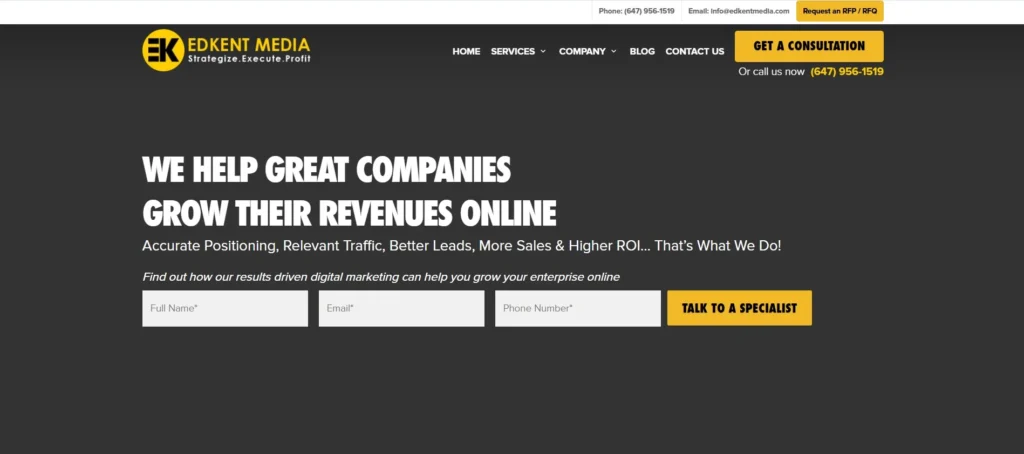 "Edkent Media homepage highlighting their digital marketing promise to help companies grow online revenue, with bold messaging and a contact form to speak with a specialist."