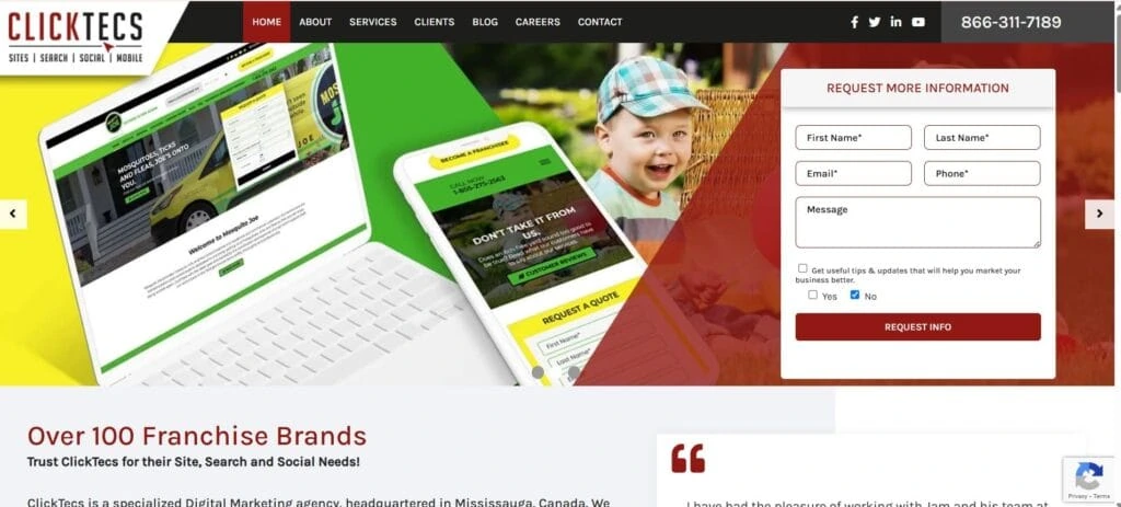 ClickTecs website showing a responsive franchise-focused design for Mosquito Joe with a lead generation form and client testimonials.