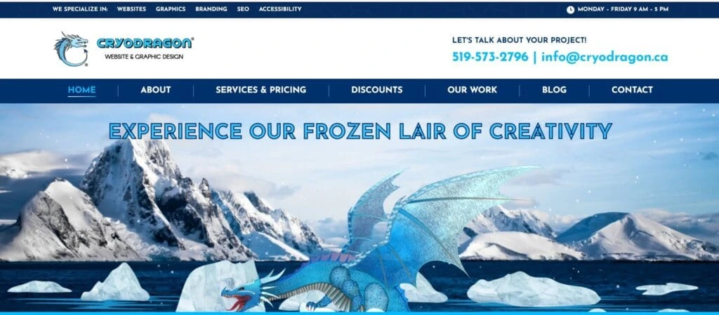 CryoDragon homepage featuring icy mountains and a custom blue dragon with the tagline “Experience Our Frozen Lair of Creativity.”