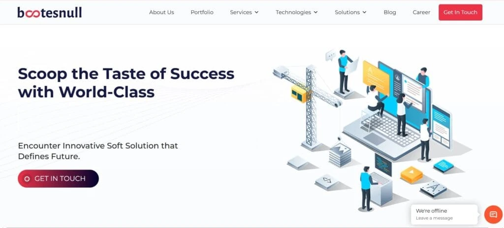 BootesNull homepage featuring illustrated developers building digital interfaces with the headline “Scoop the Taste of Success with World-Class.”