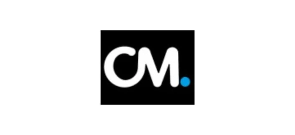 "CodeMasters Agency logo with white CM initials on a black background and a blue dot, symbolizing modern digital solutions."