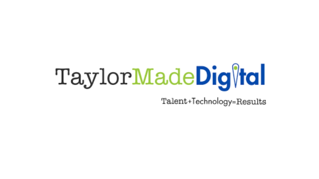 Taylor Made Digital logo featuring a colorful text blend of black, green, and blue with the tagline “Talent + Technology = Results,” representing a Hamilton-based PR and marketing agency specializing in digital strategy and small business branding.