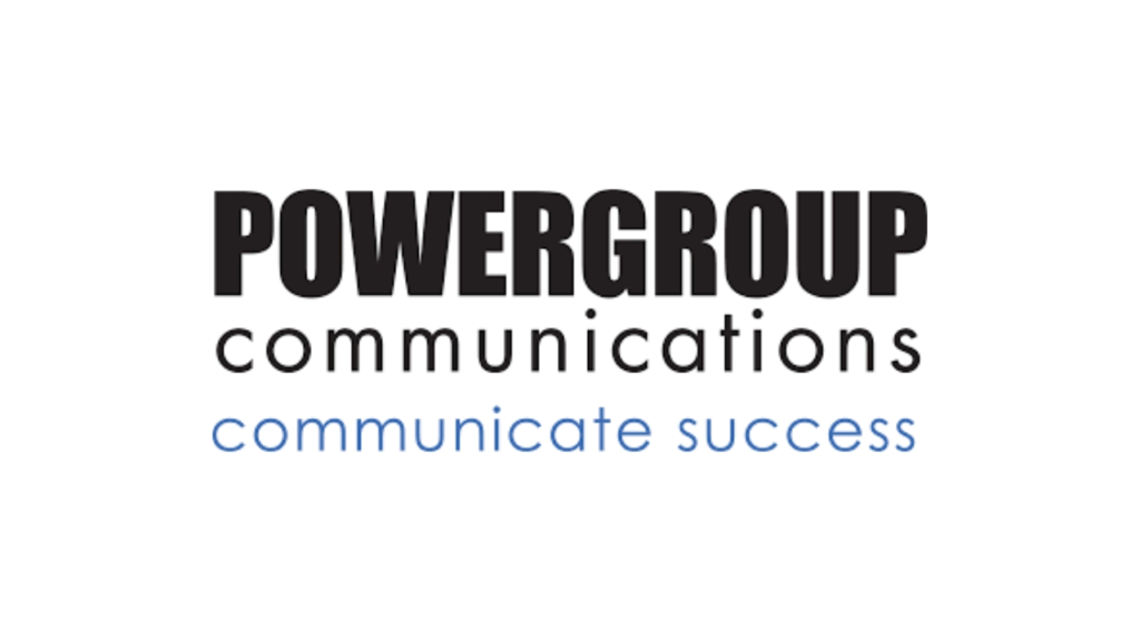 POWERGROUP Communications logo with bold black uppercase text, lowercase subtitle “communications,” and tagline “communicate success” in blue, representing a results-driven PR and communications agency in Hamilton, Canada.