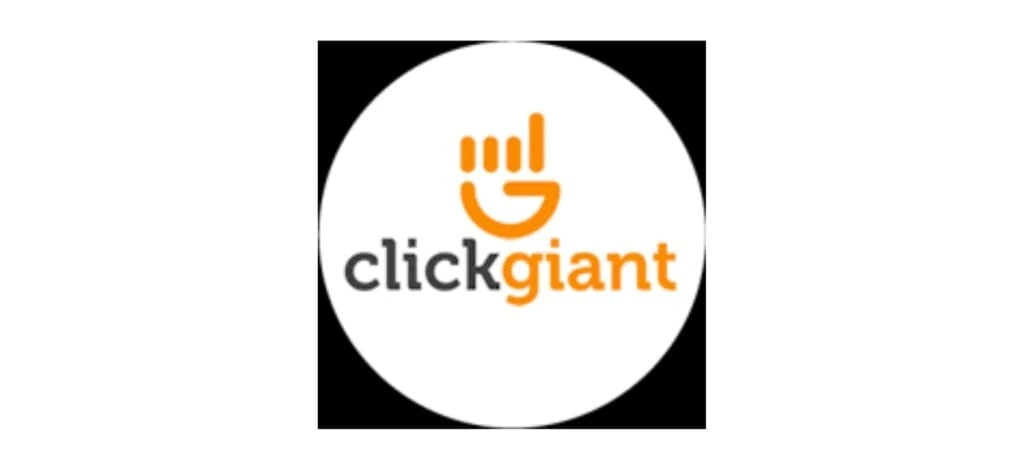 ClickGiant logo with an orange hand-shaped icon above the name, using a modern, circular font design, emphasizing user interaction and digital clicks.