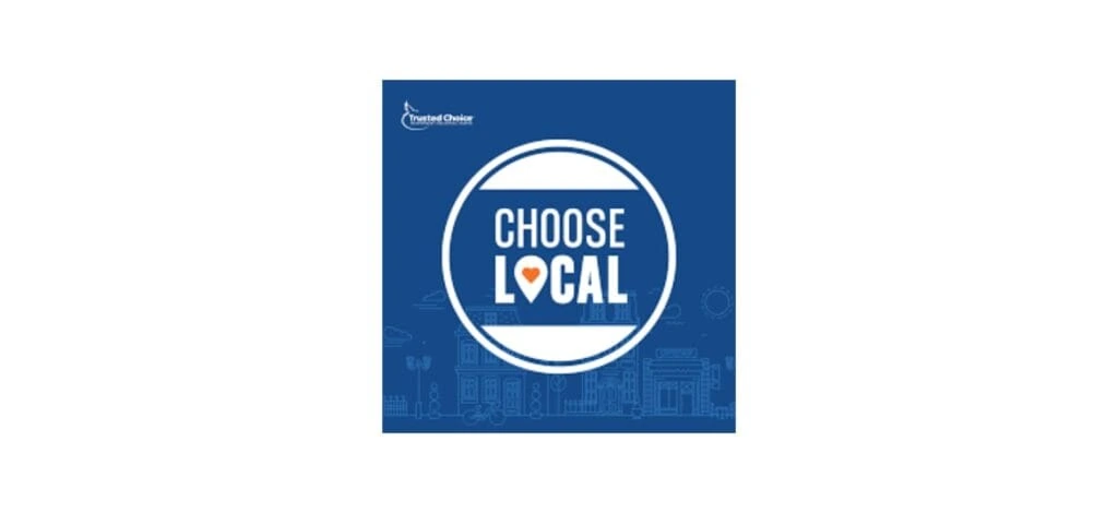 Blue and white logo for ChooseLocal.co with a circular badge design and an orange location pin inside the word "LOCAL", representing community-based digital marketing.