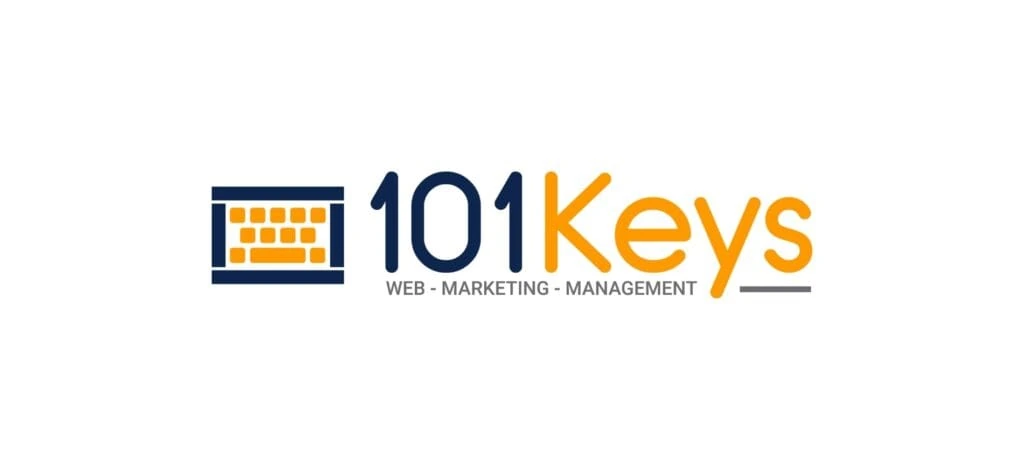 "101 Keys Inc. logo featuring a stylized orange and navy keyboard icon with bold typography, representing a Hamilton-based digital agency focused on web, marketing, and management services."