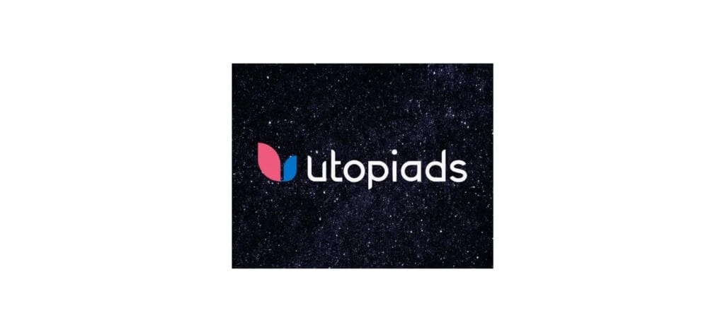 "Utopiads logo featuring a modern pink and blue leaf-like icon with white text on a starry night background, representing a creative digital advertising agency."