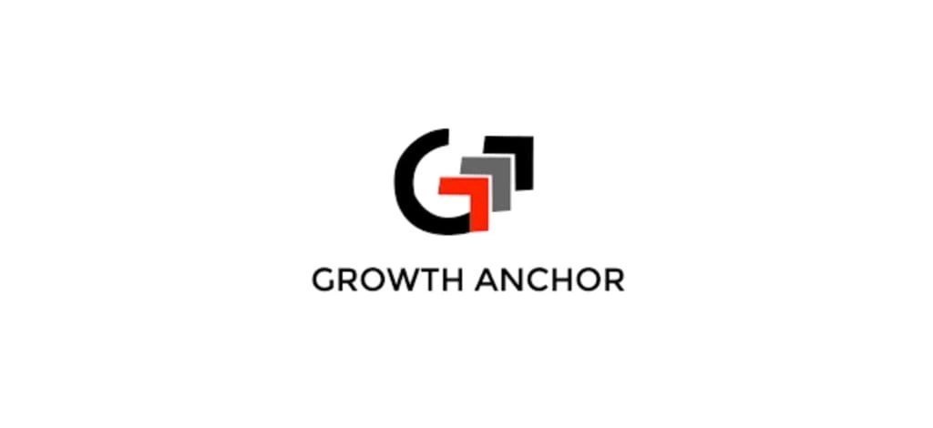 "Growth Anchor logo featuring a modern black and red 'G' icon with upward arrows, symbolizing digital growth and marketing acceleration services."