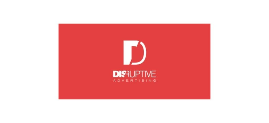 Disruptive Advertising logo displayed on a bold red background, featuring a stylized white “D” and the agency’s name in modern typography—representing a leading performance marketing company.