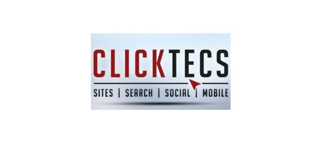 ClickTecs logo featuring red and black typography with a navigation arrow, highlighting their expertise in websites, SEO, social, and mobile marketing for franchises.