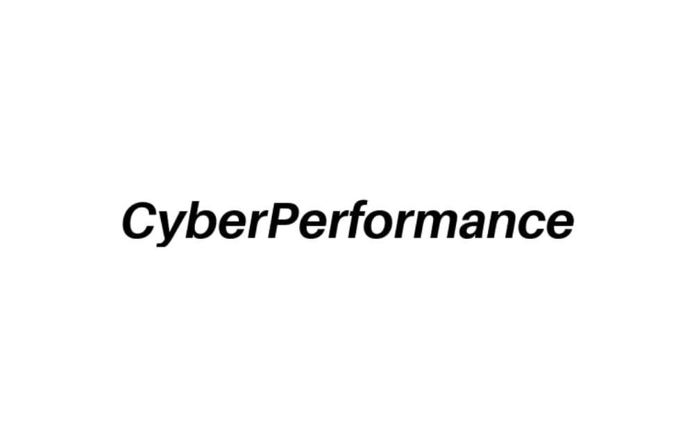 Simple black text logo with the brand name "CyberPerformance" in bold italic font on a white background, reflecting a clean and modern identity.