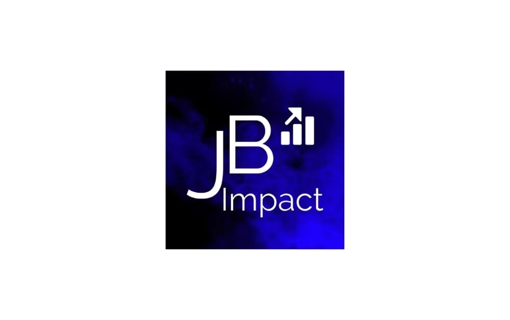 Logo of JB Impact agency featuring bold white text on a deep blue textured background, including a growth chart icon symbolizing marketing and business development.