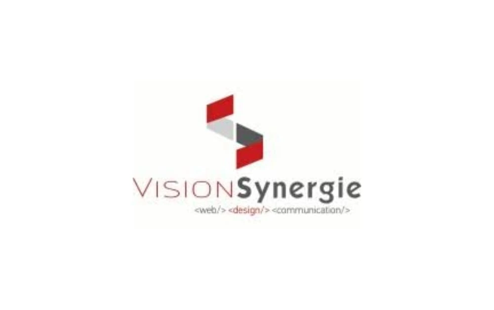 "Vision Synergie agency logo featuring a red and gray geometric icon with the text 'Vision Synergie' and tagline 'web, design, communication' underneath."